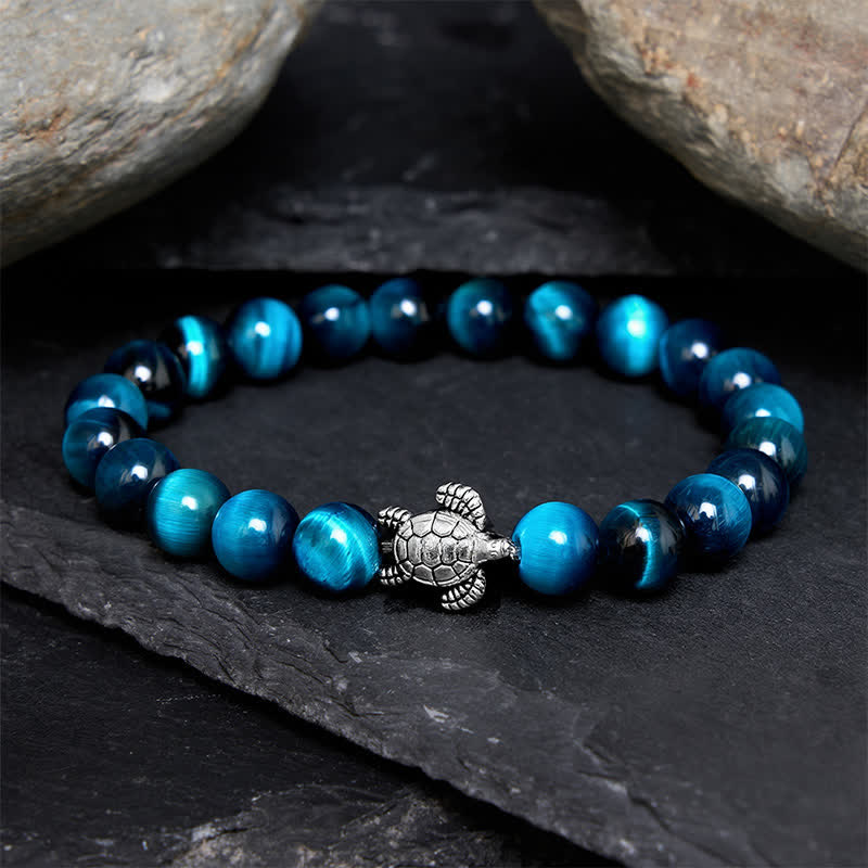 Buddha Stones Bracelet puissant en cuivre œil de tigre bleu et tortue - Œil de tigre bleu 8 mm (Tour de poignet : 15–16 cm) - image 9