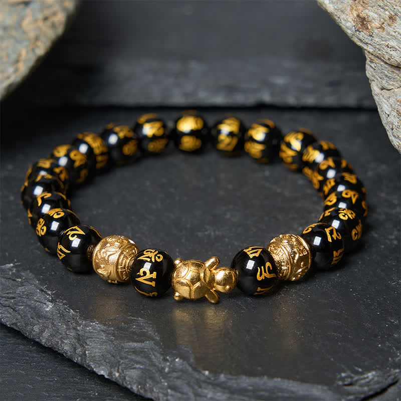 Buddha Stones Bracelet Om Mani Padme Hum en perles d'onyx noir naturel, symbole de la force de la tortue - Onyx noir 8 mm (Tour de poignet : 15–16 cm) - image 0