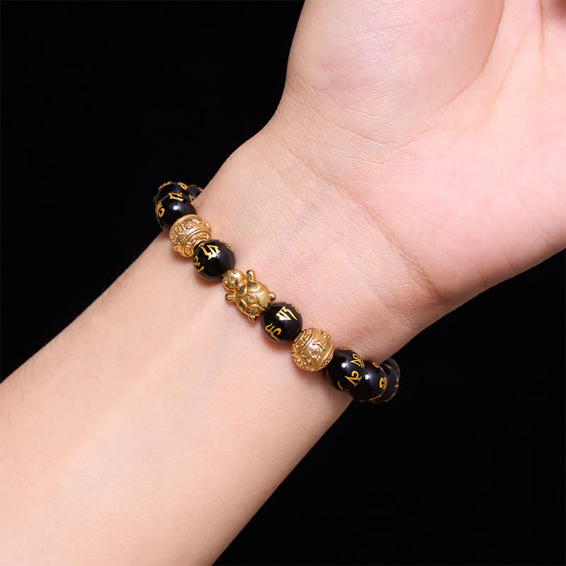 Buddha Stones Bracelet Om Mani Padme Hum en perles d'onyx noir naturel, symbole de la force de la tortue - image 4