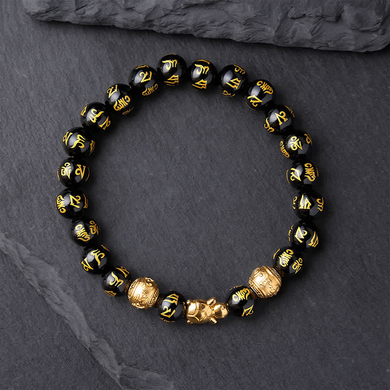 Buddha Stones Bracelet Om Mani Padme Hum en perles d'onyx noir naturel, symbole de la force de la tortue - image 1