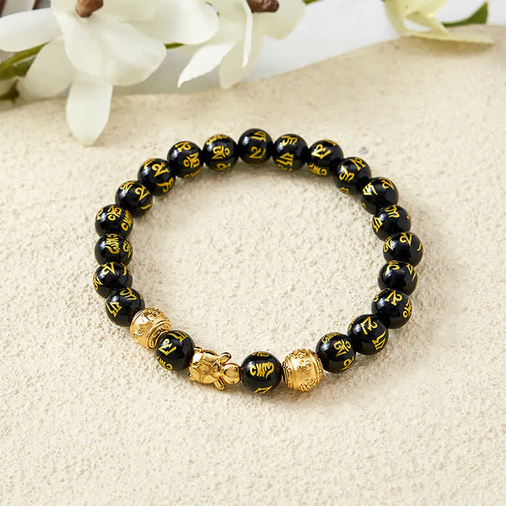 Buddha Stones Bracelet Om Mani Padme Hum en perles d'onyx noir naturel, symbole de la force de la tortue - image 3