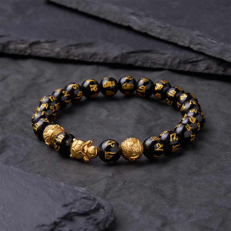 Buddha Stones Bracelet Om Mani Padme Hum en perles d'onyx noir naturel, symbole de la force de la tortue - image 2