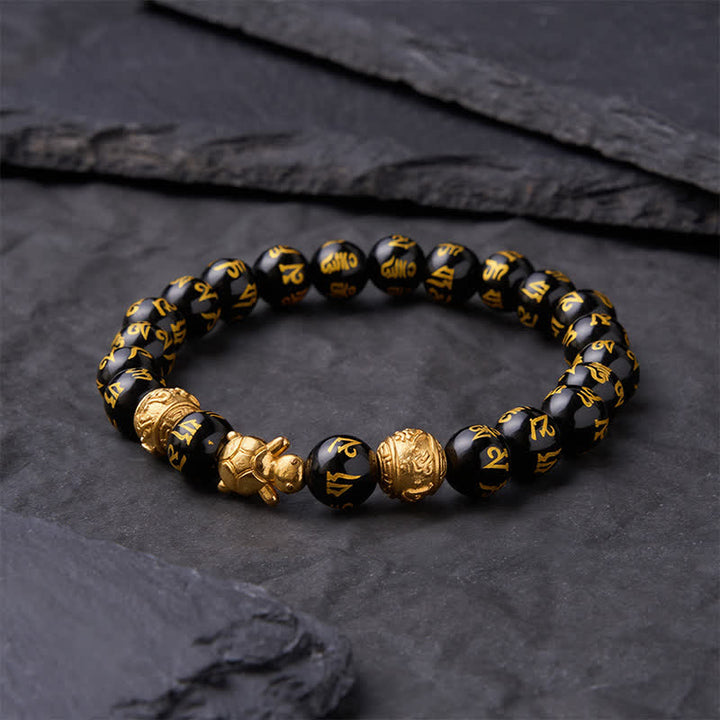 Buddha Stones Bracelet Om Mani Padme Hum en perles d'onyx noir naturel, symbole de la force de la tortue - image 2