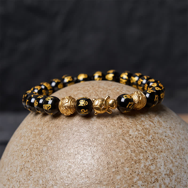 Buddha Stones Bracelet Om Mani Padme Hum en perles d'onyx noir naturel, symbole de la force de la tortue - image 10
