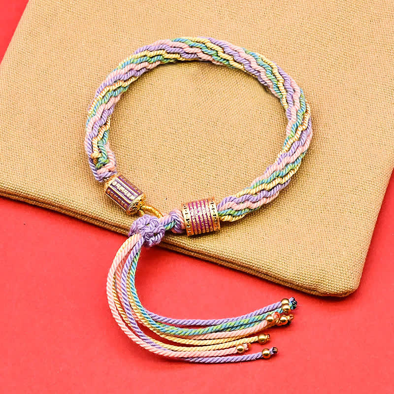 Buddha Stones Bracelet en corde à pompon coloré en émail tibétain - Vert violet (Tour de poignet : 15–18 cm) - image 1