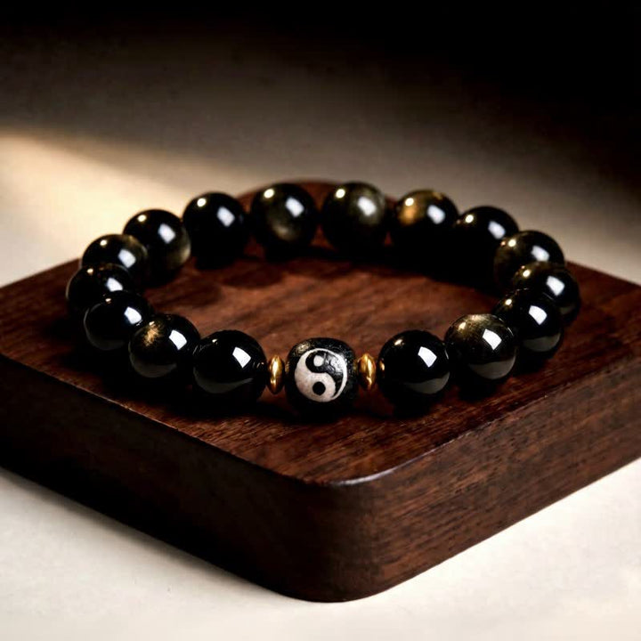 Buddha Stones Bracelet Yin Yang de protection et d'équilibre en obsidienne dorée - Obsidienne à reflets dorés - 12 mm (6,7–7,1 po/17–18 cm) - image 0