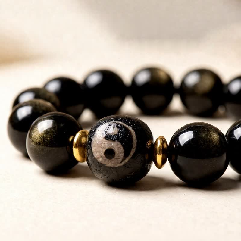 Buddha Stones Bracelet Yin Yang de protection et d'équilibre en obsidienne dorée - image 2