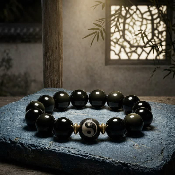 Buddha Stones Bracelet Yin Yang de protection et d'équilibre en obsidienne dorée - image 1