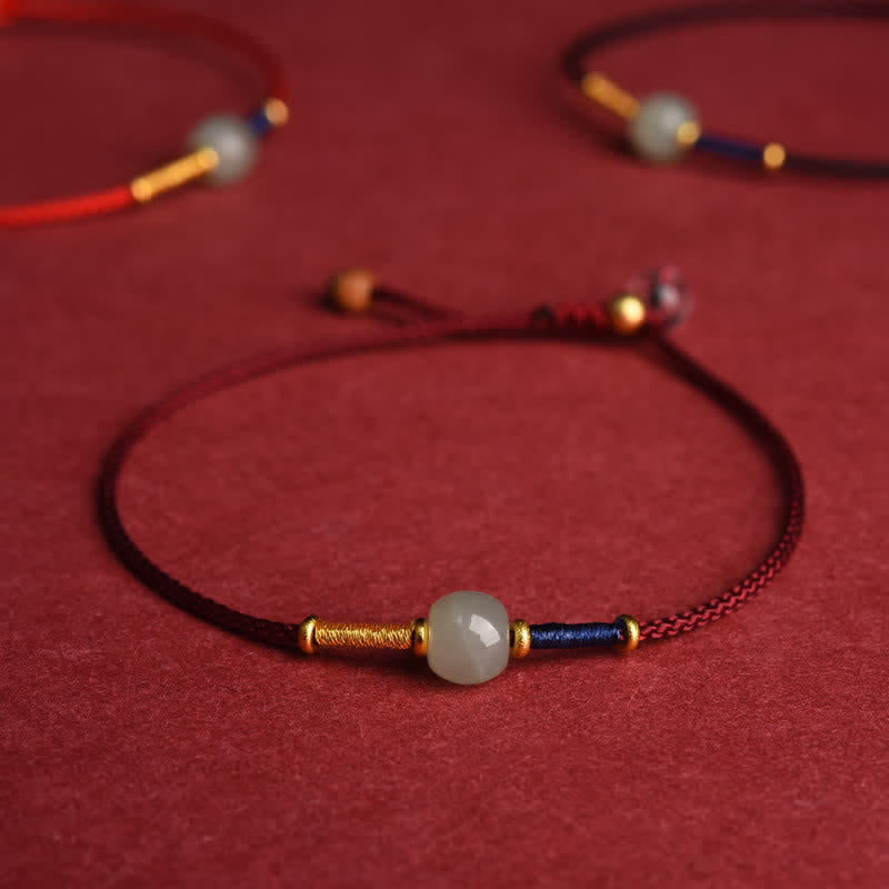 Buddha Stones Bracelet de cheville ajustable en perles rondes de jade et cordon rouge, orné de perles et d'un cordon harmonieux. - Bracelet - Rouge foncé (15–21 cm) - image 0
