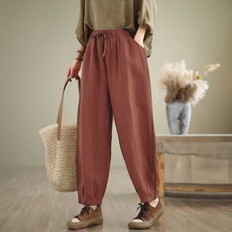 Buddha Stones Pantalon court uni à cordon de serrage, coupe fuselée, style minimaliste, idéal pour le printemps et l'été. Poches. - Rouge indien - US8-10, UK/AU12-14, EU40-42 (2XL) - image 0