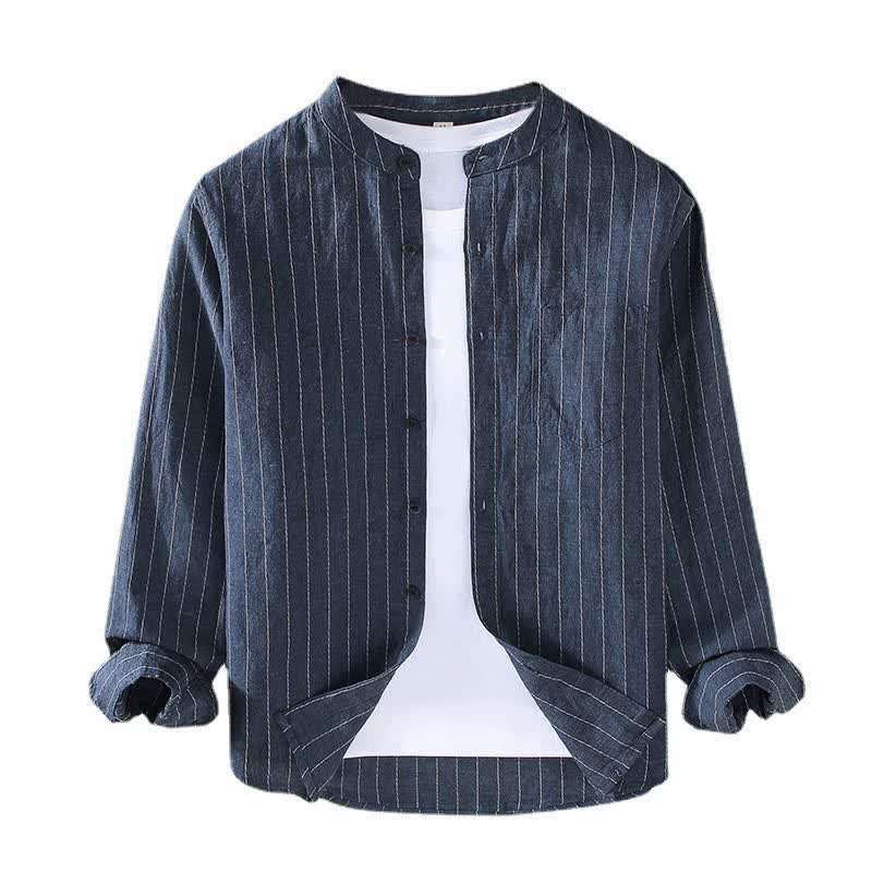 Buddha Stones Chemises à manches longues pour homme en lin rayé, style Tang, col mandarin, style décontracté printemps-été, avec poches - image 1