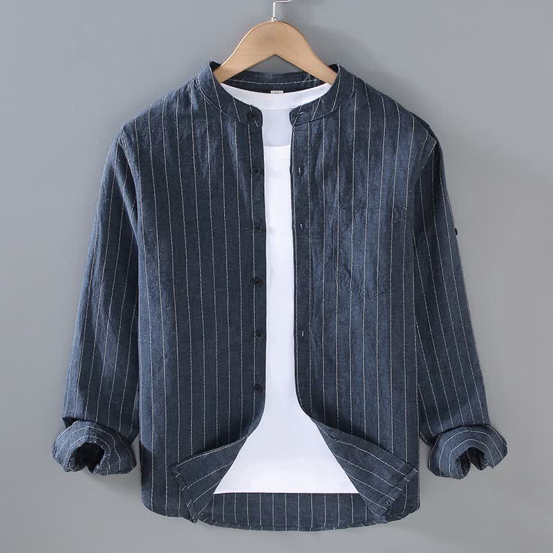 Buddha Stones Chemises à manches longues pour homme en lin rayé, style Tang, col mandarin, style décontracté printemps-été, avec poches - Bleu nuit - US/UK/AU42，EU52 (3XL) - image 0