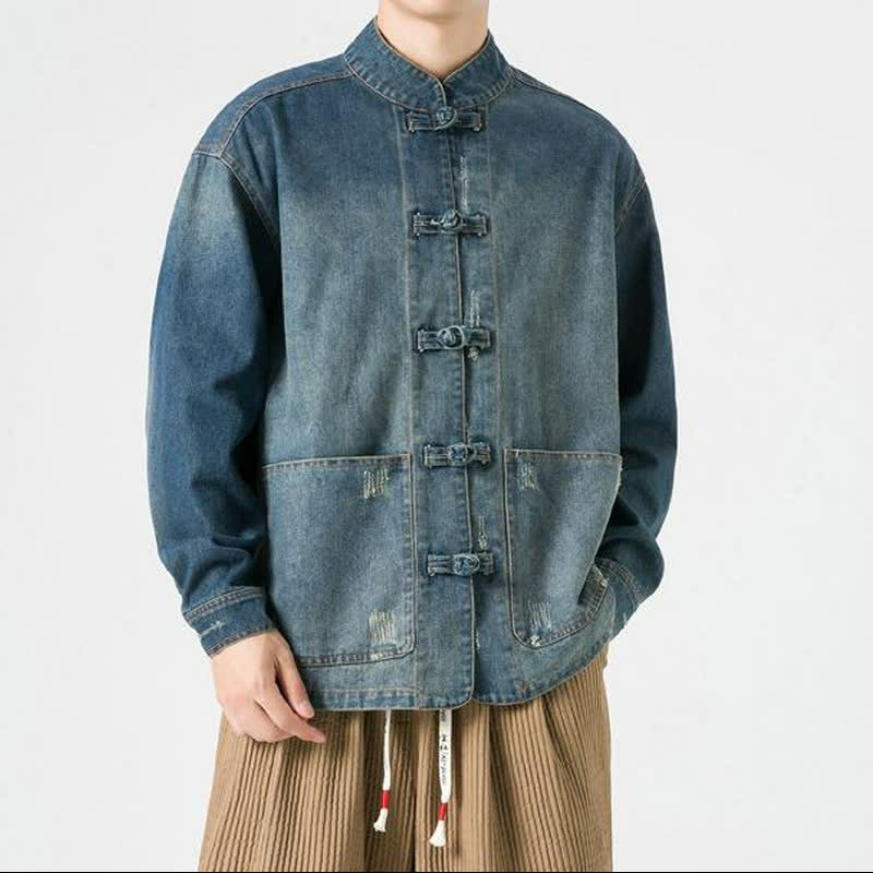 Buddha Stones Veste homme automne vintage style Tang, col mandarin, couleur unie délavée, avec poche - SteelBlue - US/UK/AU42，EU52 (3XL) - image 1
