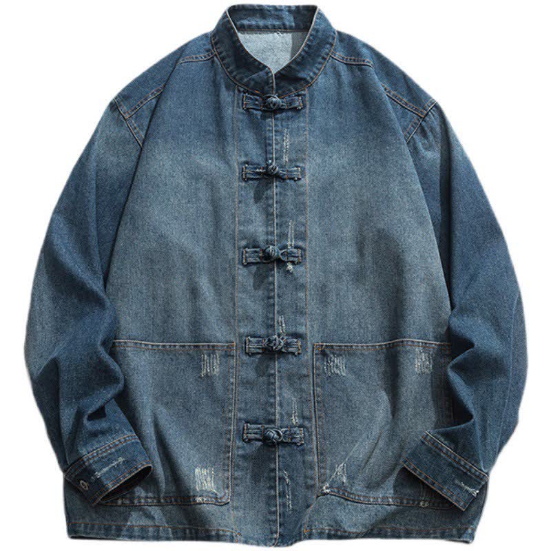 Buddha Stones Veste homme automne vintage style Tang, col mandarin, couleur unie délavée, avec poche - image 0