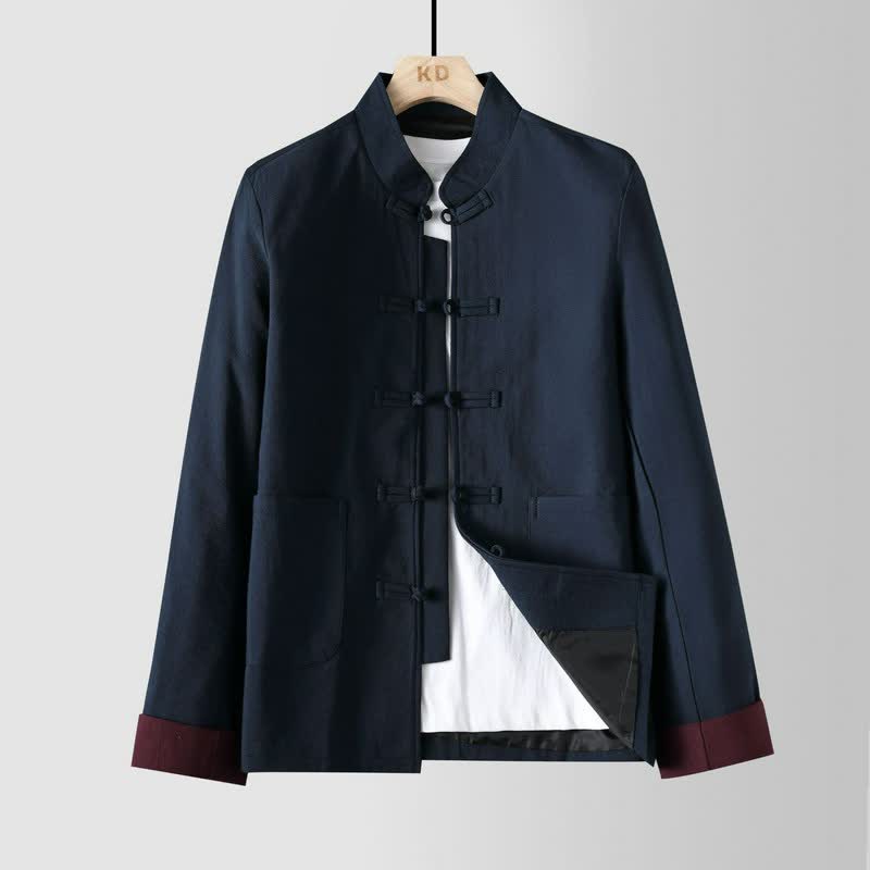 Buddha Stones Veste homme unie style Tang automne-hiver vintage à col mandarin et boutons brandebourg, avec poches - Marine - US/UK/AU48，EU58 (6XL) - image 0
