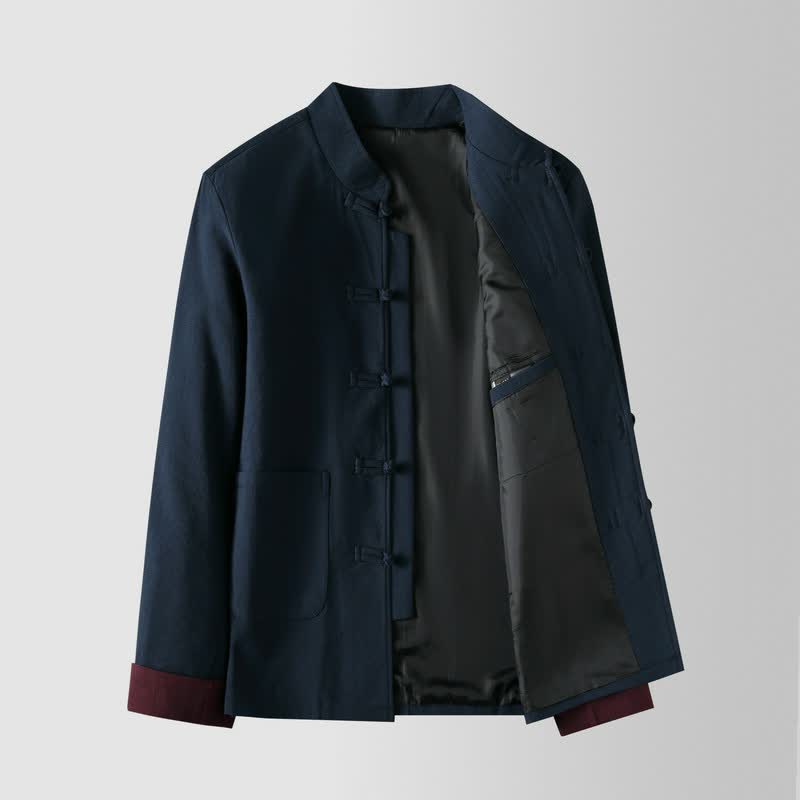 Buddha Stones Veste homme unie style Tang automne-hiver vintage à col mandarin et boutons brandebourg, avec poches - image 1
