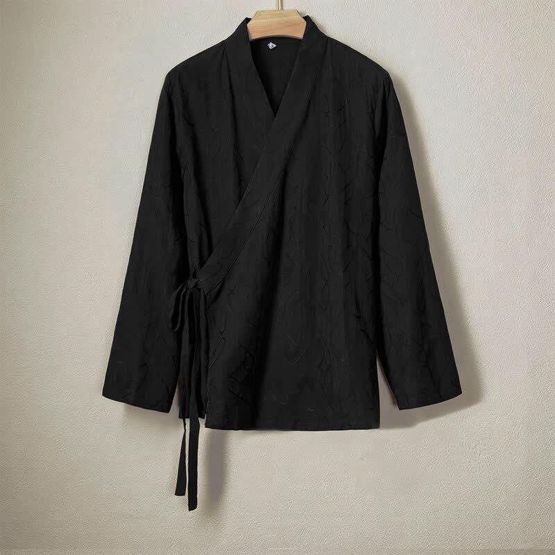 Buddha Stones Chemises à manches longues pour hommes, style minimaliste et décontracté, en coton uni, avec cordon de serrage, idéales pour le printemps et l'été. - Noir - US/UK/AU44，EU54 (4XL) - image 0