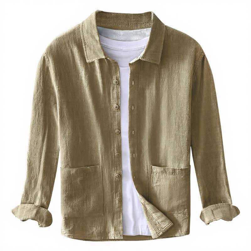 Buddha Stones Chemises à manches longues pour homme en ramie unie, style vintage décontracté, avec poches et boutons. - image 1