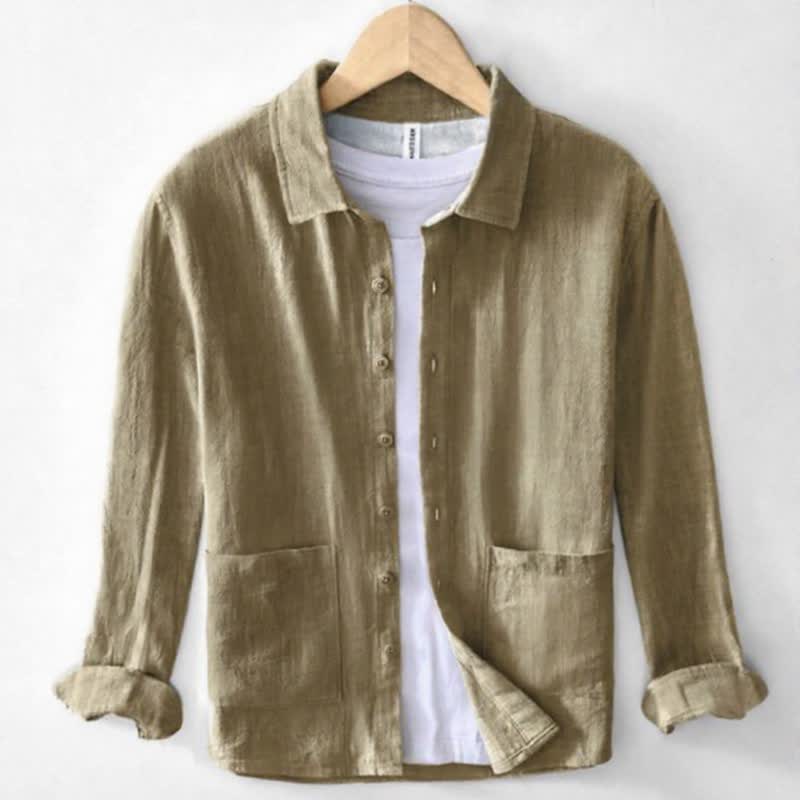 Buddha Stones Chemises à manches longues pour homme en ramie unie, style vintage décontracté, avec poches et boutons. - Tanné - US/UK/AU42，EU52 (3XL) - image 0