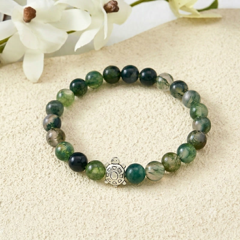 Buddha Stones Bracelet apaisant en agate mousse et cuivre en forme de tortue - Bracelet en agate mousse de 8 mm (Tour de poignet : 15-16 cm) - image 0