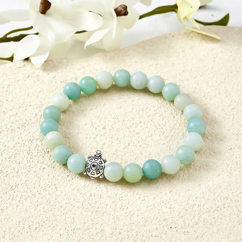 Buddha Stones Bracelet en perles rondes polies à la main, en cuivre et amazonite, orné d'une tortue. - Amazonite (Tour de poignet : 15–16 cm) - image 0