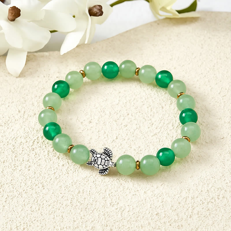Buddha Stones Bracelet de perles en agate verte naturelle et aventurine verte, motif tortue, symbole de réussite - Aventurine verte et agate verte (Tour de poignet : 15–16 cm) - image 0