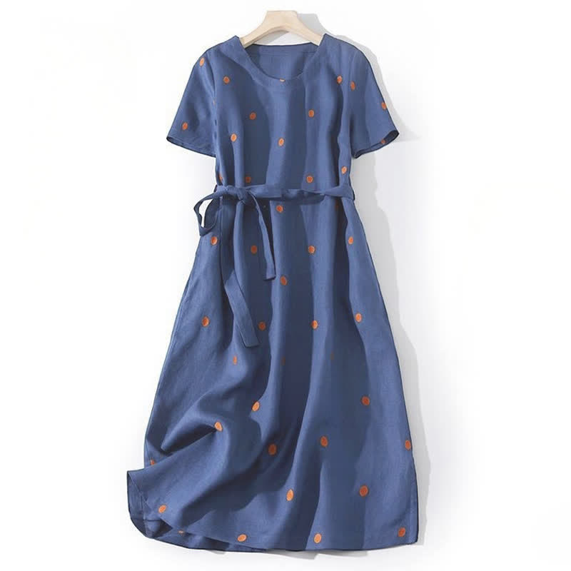 Robe midi femme à manches courtes, lacée, à pois et poches, ornée de Buddha Stones - Bleu foncé - US8-10，UK/AU12-14，EU40-42 (2XL) - image 0