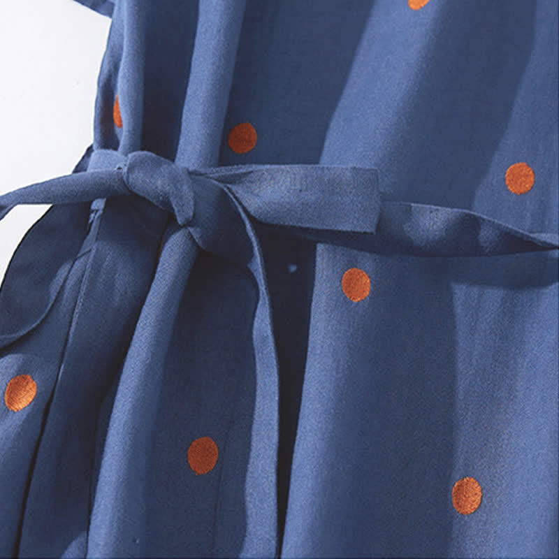 Robe midi femme à manches courtes, lacée, à pois et poches, ornée de Buddha Stones - image 1