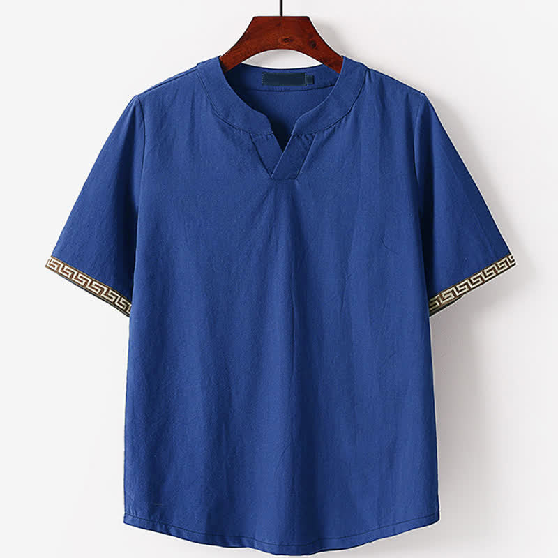 Buddha Stones T-shirt d'été brodé à manches courtes et col cranté pour homme, en coton et lin - SteelBlue - US/UK/AU56，EU66(9XL) - image 0