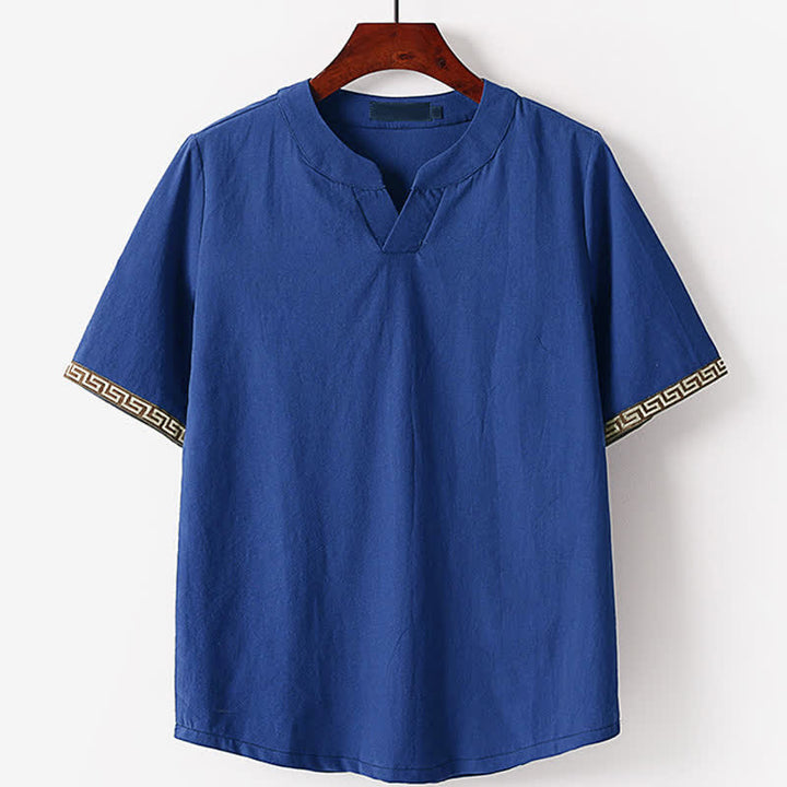 Buddha Stones T-shirt d'été brodé à manches courtes et col cranté pour homme, en coton et lin - SteelBlue - US/UK/AU56，EU66(9XL) - image 0