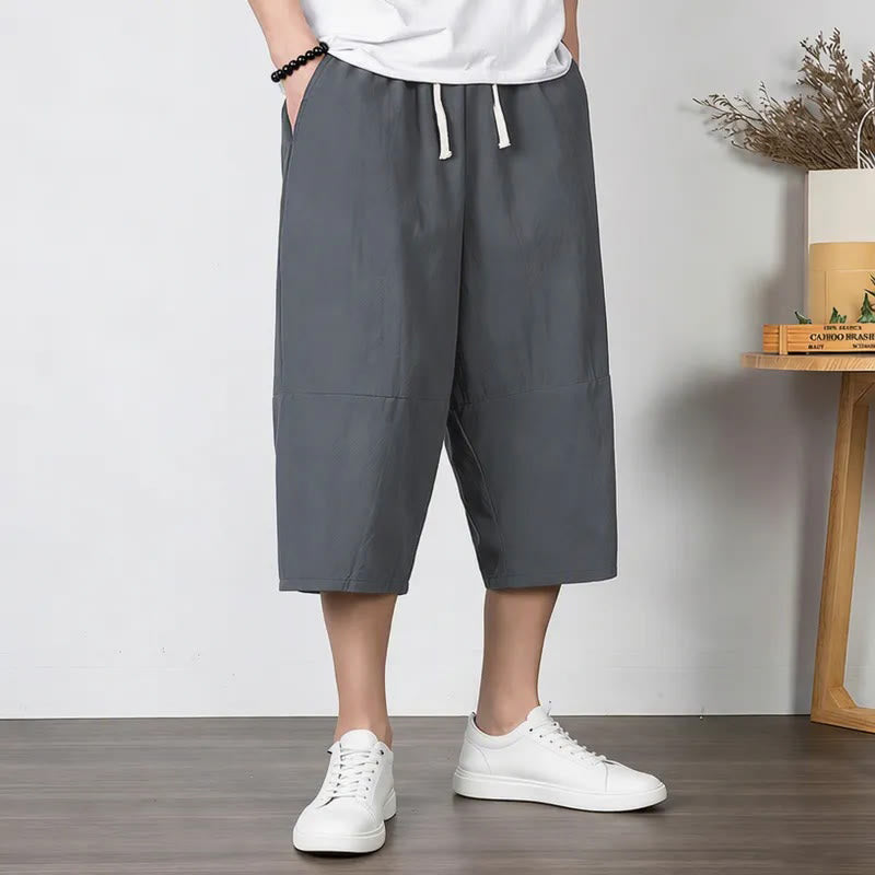 Buddha Stones Pantalon harem uni en coton et lin, longueur capri, avec cordon de serrage et poches. - image 1