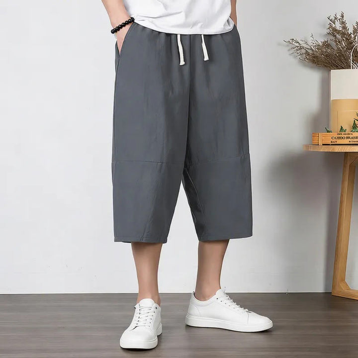 Buddha Stones Pantalon harem uni en coton et lin, longueur capri, avec cordon de serrage et poches. - image 1