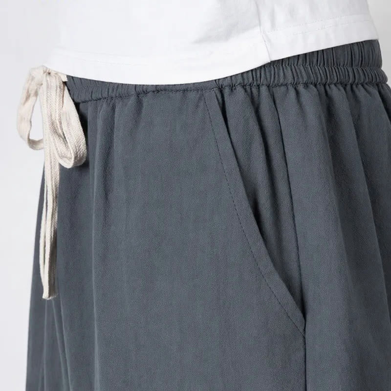 Buddha Stones Pantalon harem uni en coton et lin, longueur capri, avec cordon de serrage et poches. - image 3