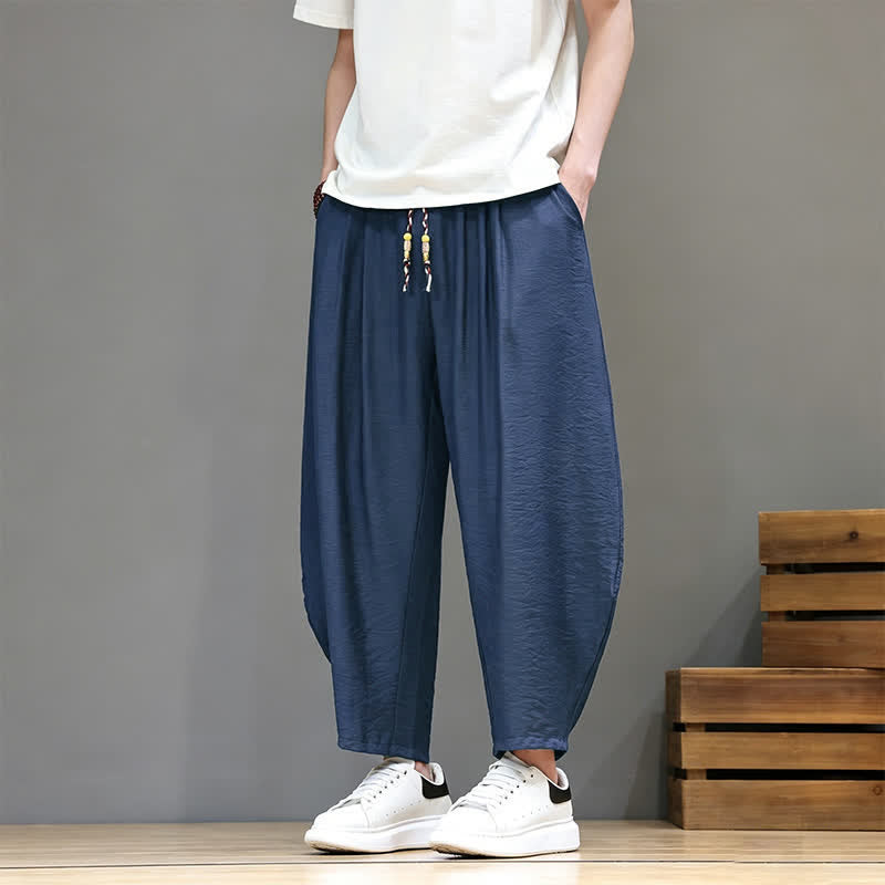 Buddha Stones Pantalon harem homme décontracté d'été minimaliste à cordon de serrage uni court avec poches - Marine - US/UK/AU46, EU56 (5XL) - image 0
