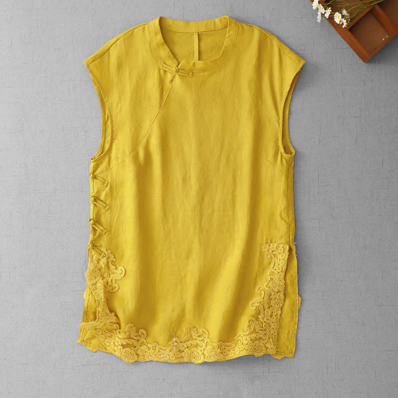 Buddha Stones Gilet sans manches en coton pour femme, à col montant, orné de dentelle et de boutons de grenouille d'inspiration chinoise - Or - US12，UK/AU16，EU44 (2XL) - image 0