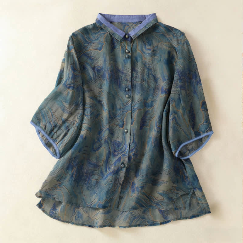 Buddha Stones Chemise d'été en mousseline à imprimé floral, col mandarin et manches trois-quarts, boutonnée et boutonnée. - CadetBlue - US8-10，UK/AU12-14，EU40-42 (2XL) - image 0