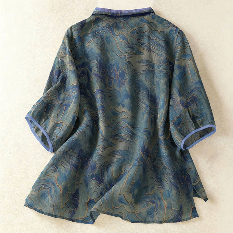 Buddha Stones Chemise d'été en mousseline à imprimé floral, col mandarin et manches trois-quarts, boutonnée et boutonnée. - image 1
