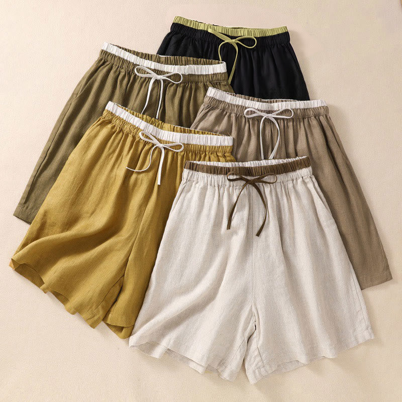 Short en coton et lin à lacets pour femme avec poches et taille contrastée et Buddha Stones - image 0