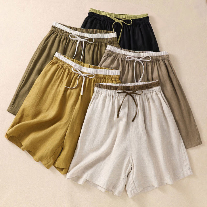 Short en coton et lin à lacets pour femme avec poches et taille contrastée et Buddha Stones - image 0