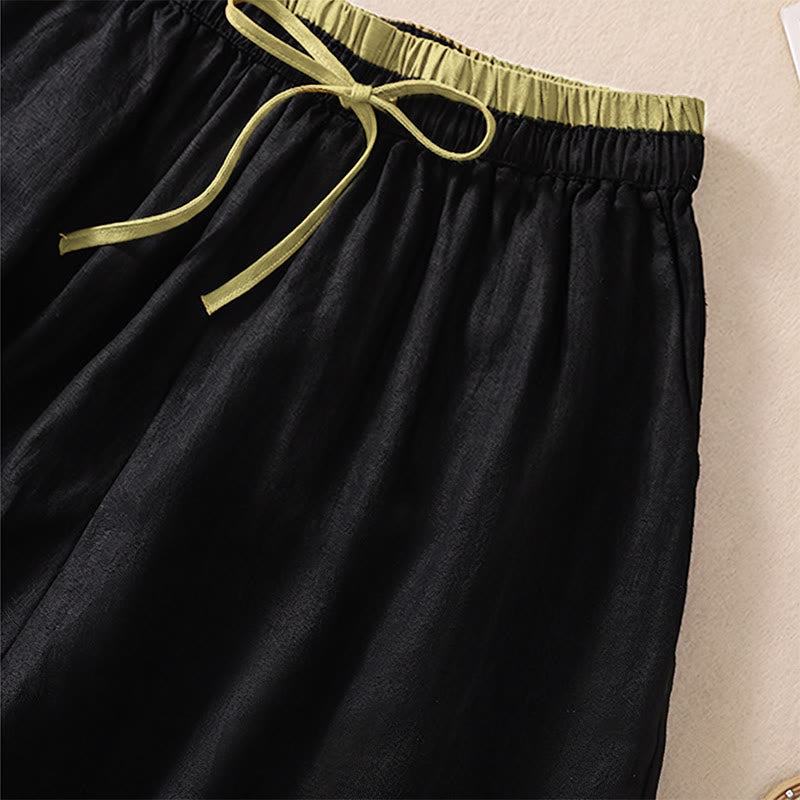 Short en coton et lin à lacets pour femme avec poches et taille contrastée et Buddha Stones - image 10