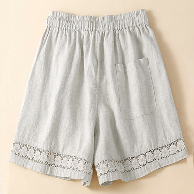 Short en coton à lacets avec poches et motif Buddha Stones, couleur unie, bas ajouré - image 1