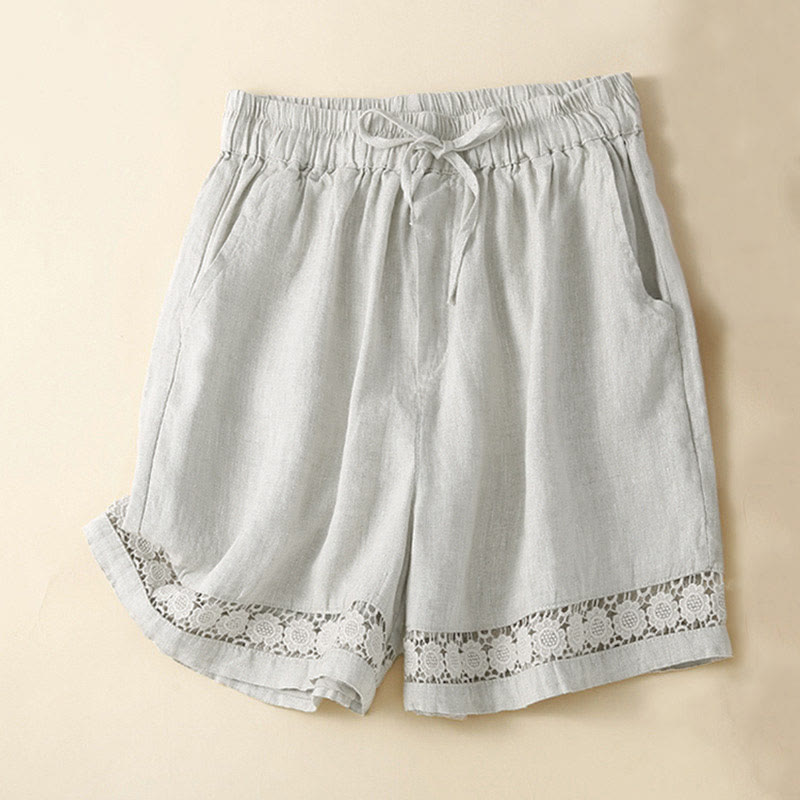 Short en coton à lacets avec poches et motif Buddha Stones, couleur unie, bas ajouré - Beige - US12，UK/AU16，EU44 (3XL) - image 0