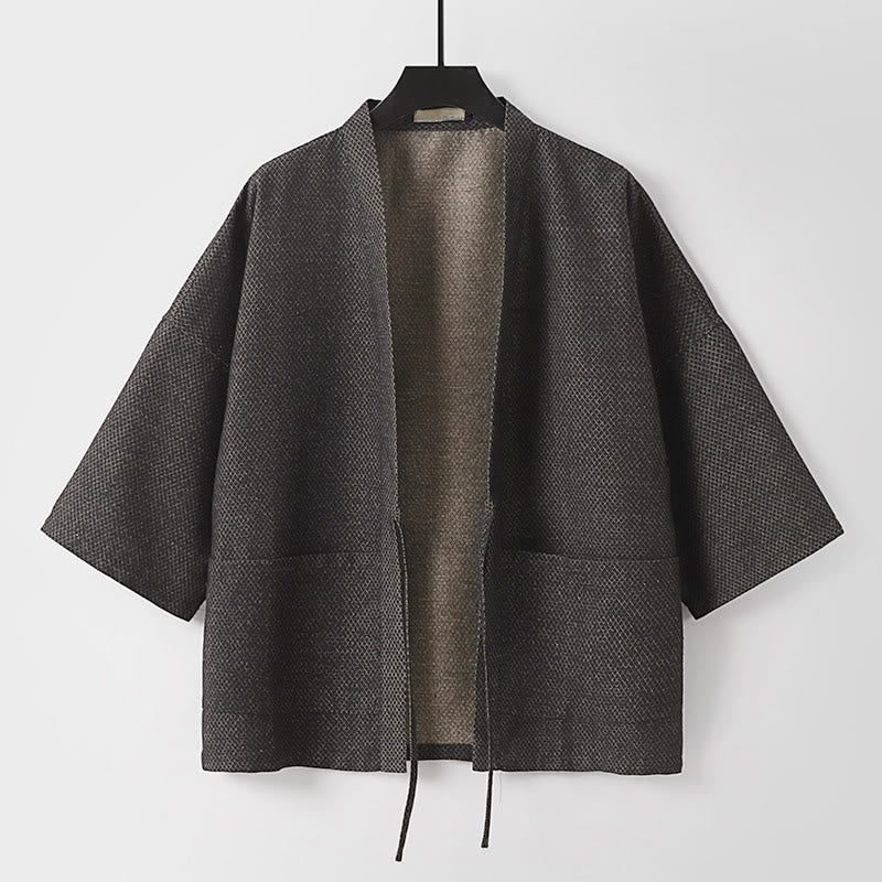 Buddha Stones Kimono homme automne décontracté minimaliste à cordon de serrage en coton et lin uni avec poches - Gris terne - US/UK/AU54，EU64 (9XL) - image 0