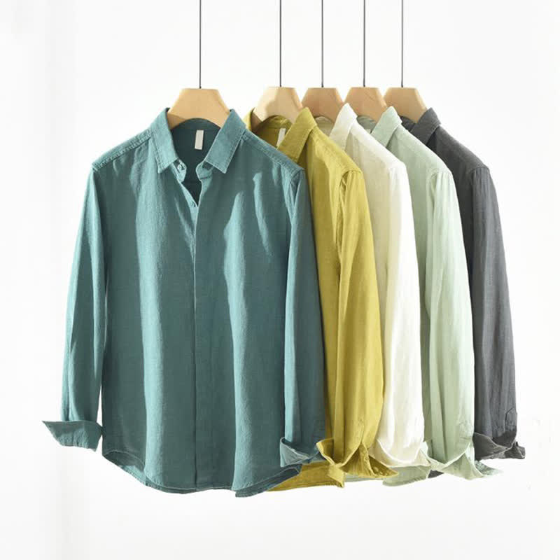 Buddha Stones Chemises à manches longues pour hommes, style minimaliste décontracté, printemps-automne, en ramie unie. - image 14