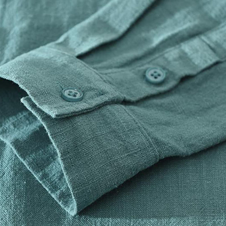 Buddha Stones Chemises à manches longues pour hommes, style minimaliste décontracté, printemps-automne, en ramie unie. - image 7