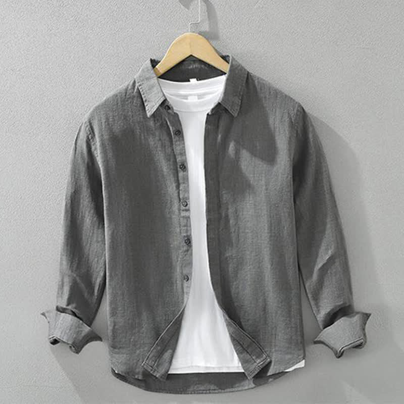 Buddha Stones Chemises à manches longues pour hommes, style minimaliste décontracté, printemps-automne, en ramie unie. - Gris terne - US/UK/AU42，EU52 (3XL) - image 0
