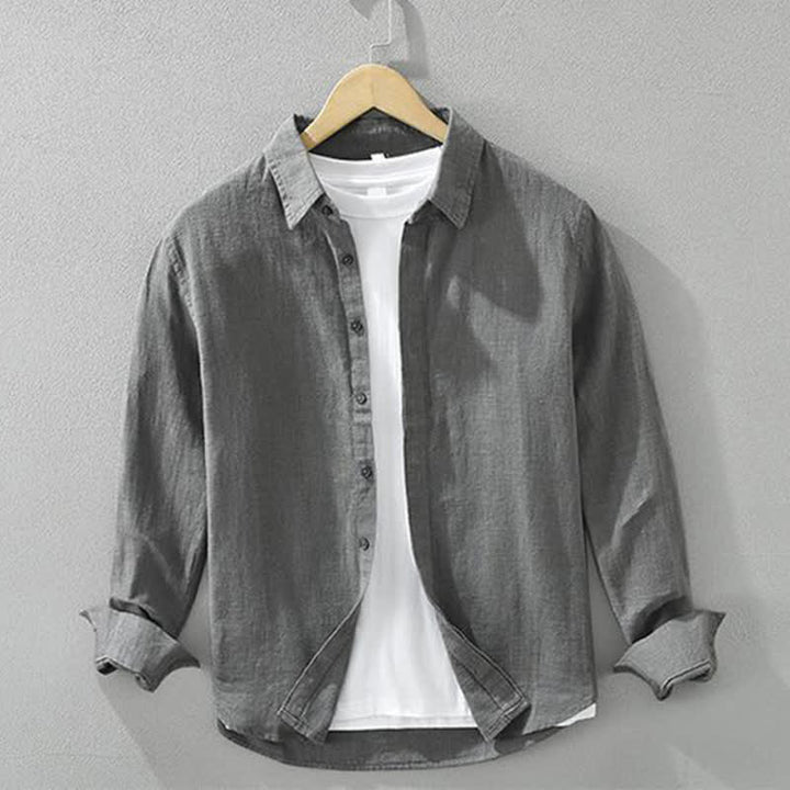 Buddha Stones Chemises à manches longues pour hommes, style minimaliste décontracté, printemps-automne, en ramie unie. - Gris terne - US/UK/AU42，EU52 (3XL) - image 0