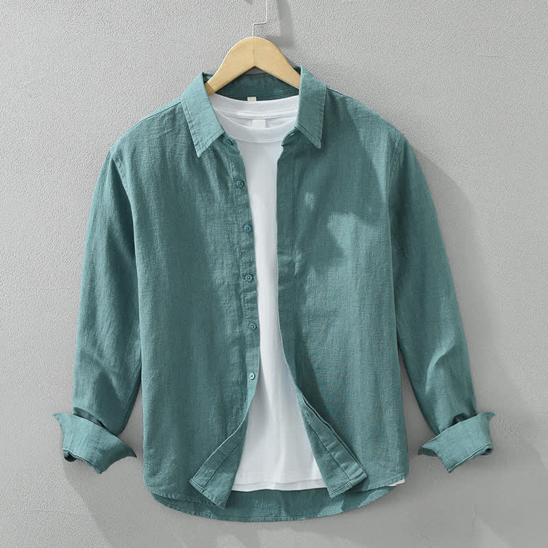 Buddha Stones Chemises à manches longues pour hommes, style minimaliste décontracté, printemps-automne, en ramie unie. - CadetBlue - US/UK/AU42，EU52 (3XL) - image 4