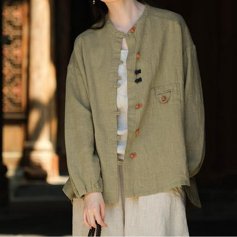 Buddha Stones Chemises à manches longues pour femmes en ramie unie, style vintage automne Tang, à boutons grenouille - image 1