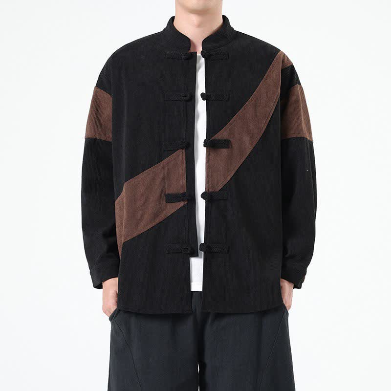 Buddha Stones Veste homme décontractée automne-hiver style Tang à boutons grenouille en velours côtelé à motifs géométriques - image 1
